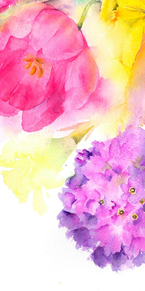 Original watercolour painting of spring flowers - Tulips, Daffodils and Primroses II by Anjana Cawdell