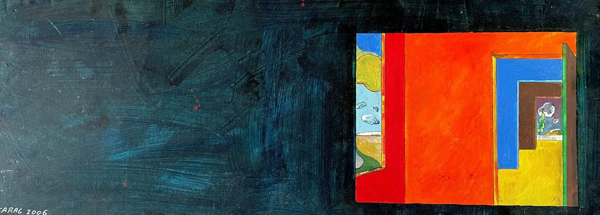 Impressionistic Still Life Acrylic Painting By Mauro Carac, 33 X 12", Rooms, Cypress And Clouds, Original Artwork