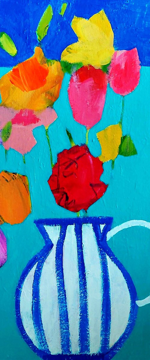 Flowers in a Striped Jug by Jan Rippingham