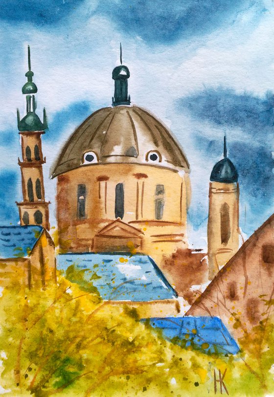 Lviv Painting Cityscape Original Art Ukraine Small Watercolor Artwork Home Wall Art 8 by 12" by Halyna Kirichenko