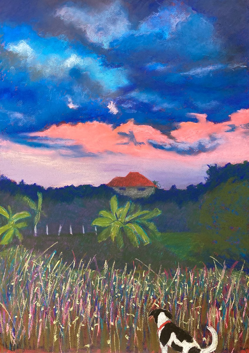 Impressionistic Landscape Pastel Drawing By John Cottee, 22 X 30, Sunset With Dog, Original Artwork
