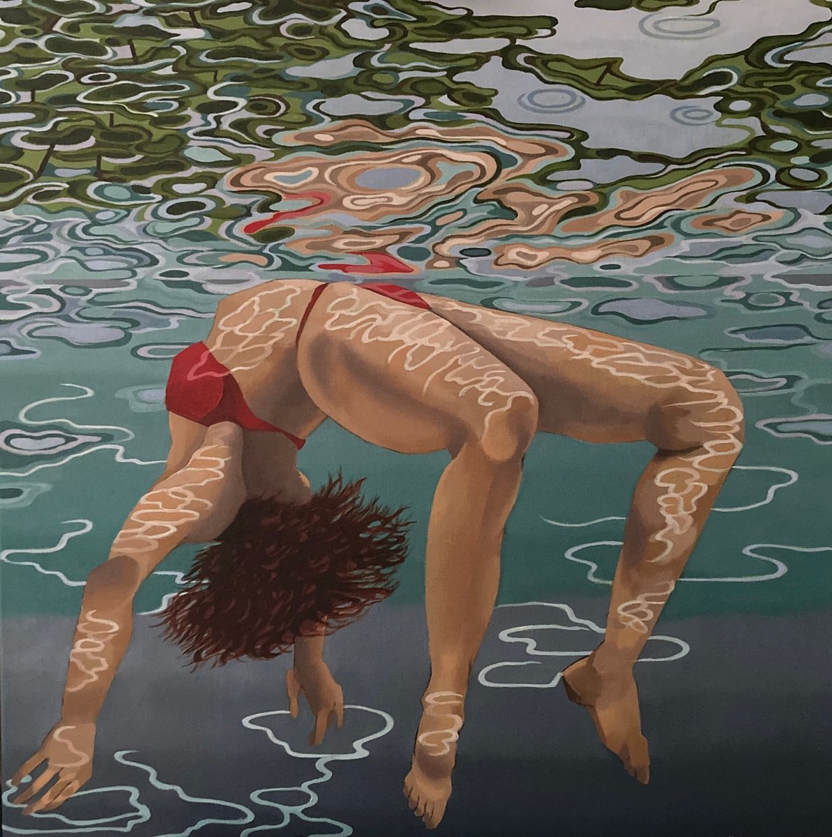 Expressive Portrait Oil Painting By Tarja Laine, 35 X 35", Weightlessness, Original Artwork