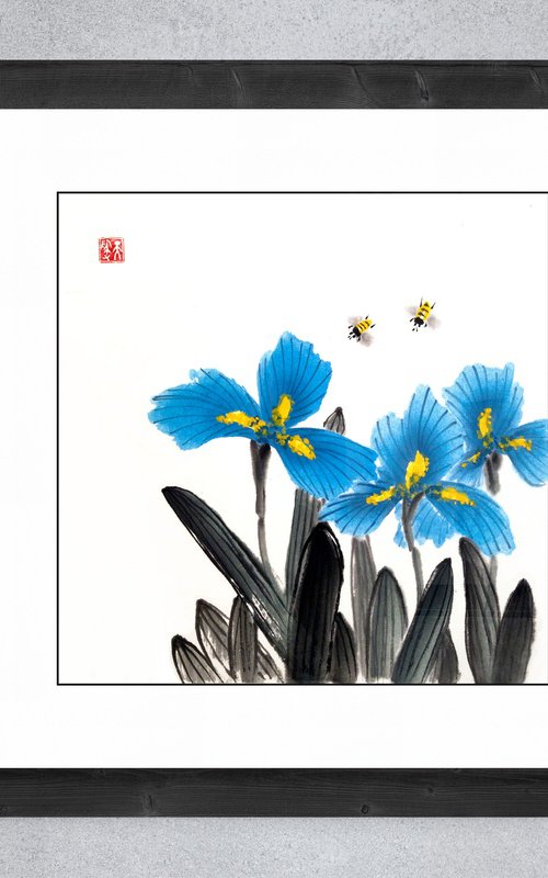 Blue Sky Irises and Honey Bees by Ilana Shechter
