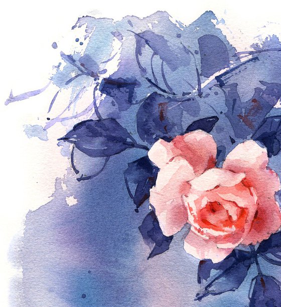 "Twilight in the garden" - original watercolor orange rose sketch