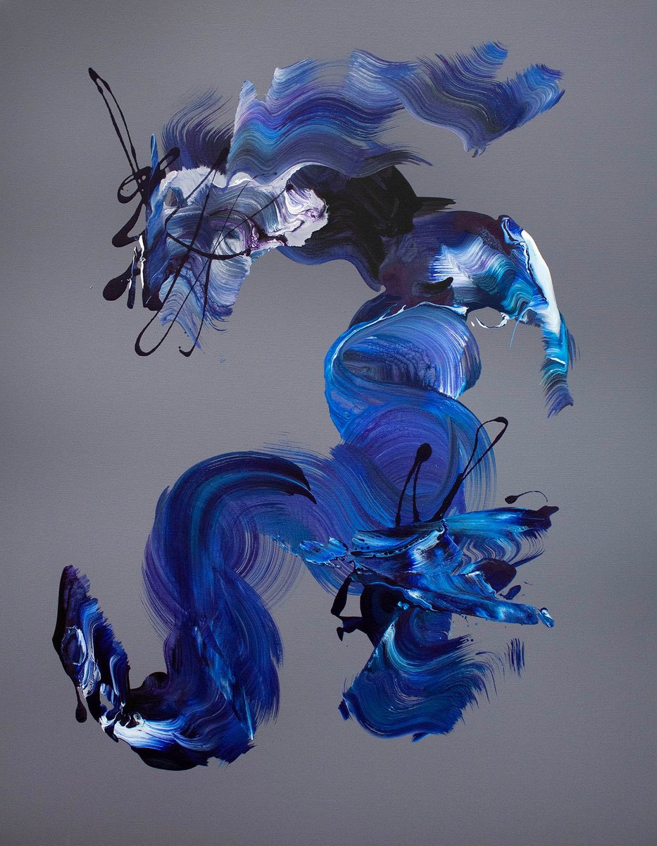 Abstract Acrylic Painting By Paresh Nrshinga Frsa, 28 X 36", Blues De La Riviere En Hiver, Original Artwork