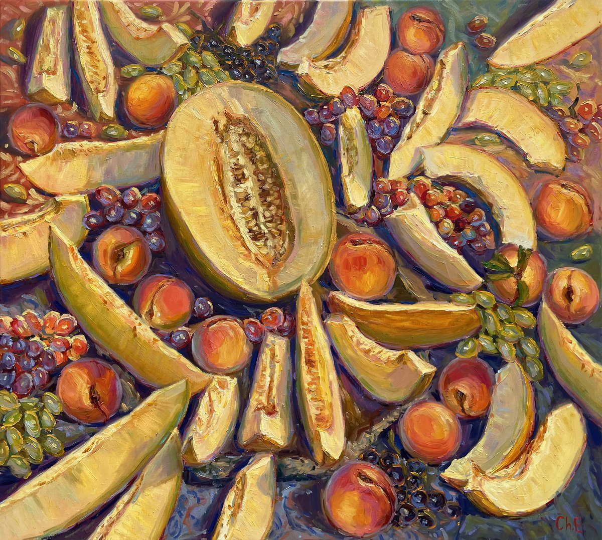 Impressionistic Still Life Oil Painting By Evgeny Chernyakovsky, 35 X 31, 1. Melon, Original Artwork