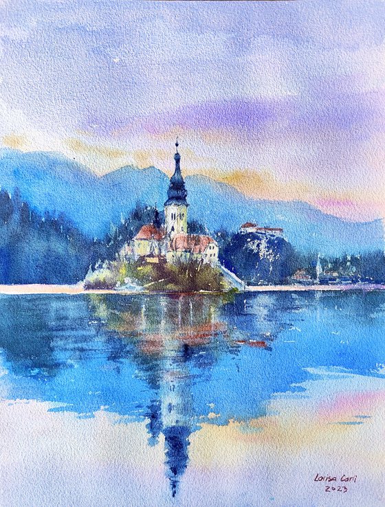 Bled lake Slovenia wall art watercolor original painting, Winter mountain lake, Decor for living room, Travel souvenir gift, Lakes church