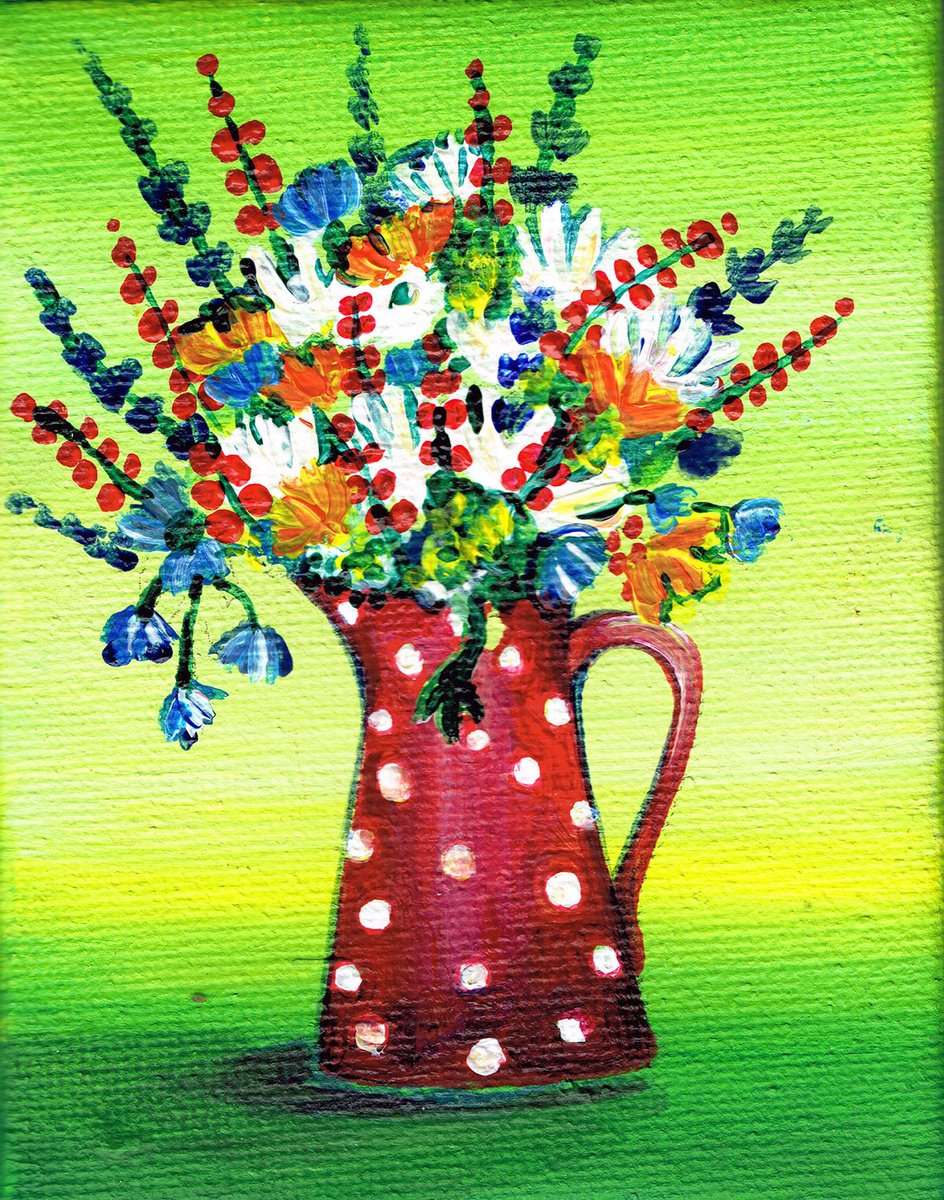 flowers in red pot, original acrylic miniature painting, still life by Diana Aleksanian