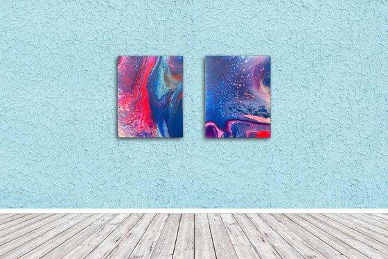 "Sharing A Dream" - FREE USA SHIPPING - Original PMS Abstract Diptych Fluid Acrylic Paintings On Canvas - 32" x 20"