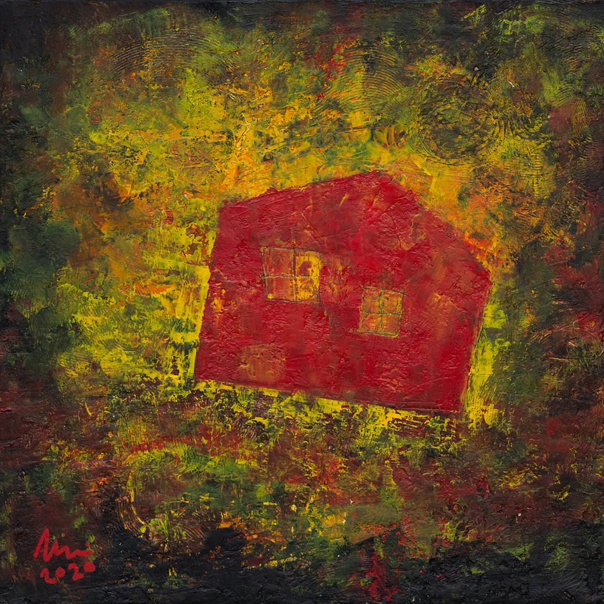 Organic Abstract Acrylic Painting By Peter Zelei, 16 X 16", Flying Red House, Original Artwork