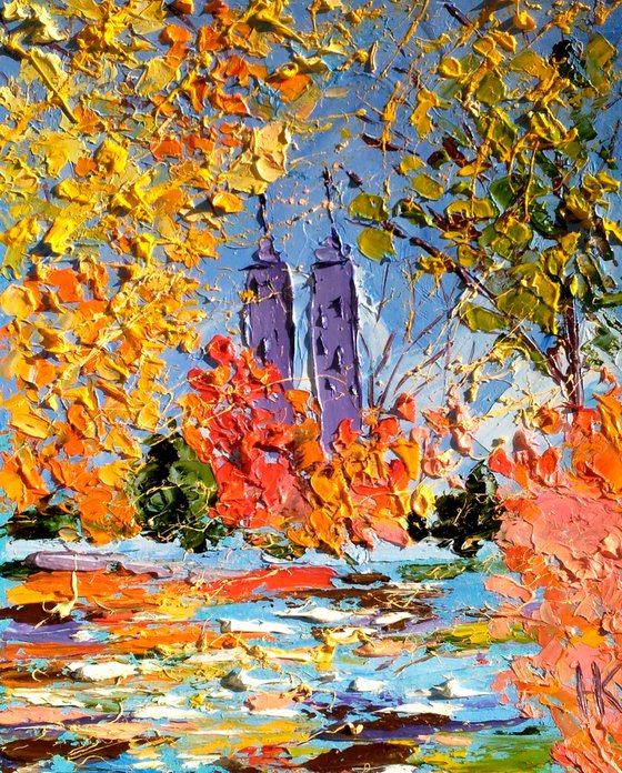 NYC Fall Painting Cityscape Original Art New York Small Oil Artwork Autumn Impasto Pallete Knife Wall Art 8 by 10" by Halyna Kirichenko