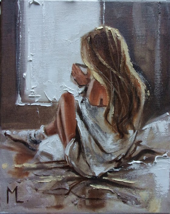 " COFFEE IN BED... " original painting  window  palette knife GIFT