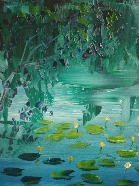 Waterlilies at the river. Pleinair painting