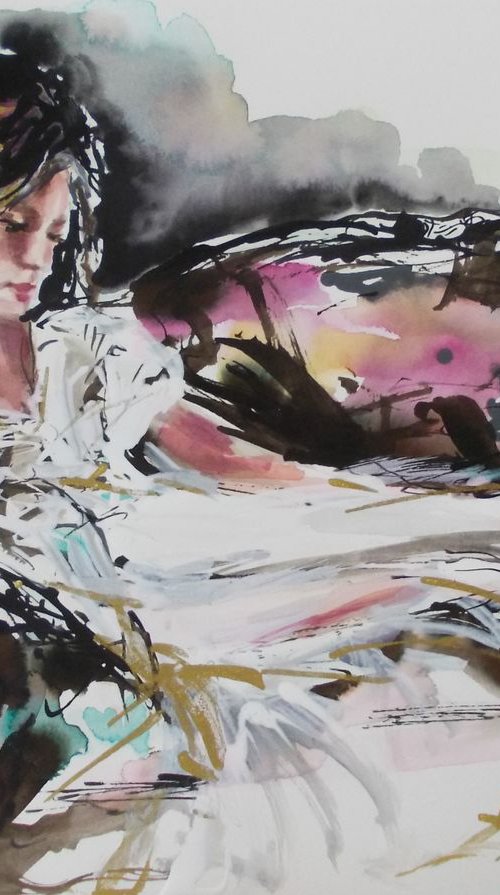 Vanessa II - Woman  Painting on Paper-Figurative art by Antigoni Tziora