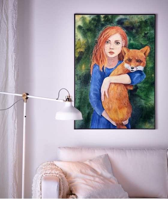 Ginger and Red - Cute red hair girl holding a fox