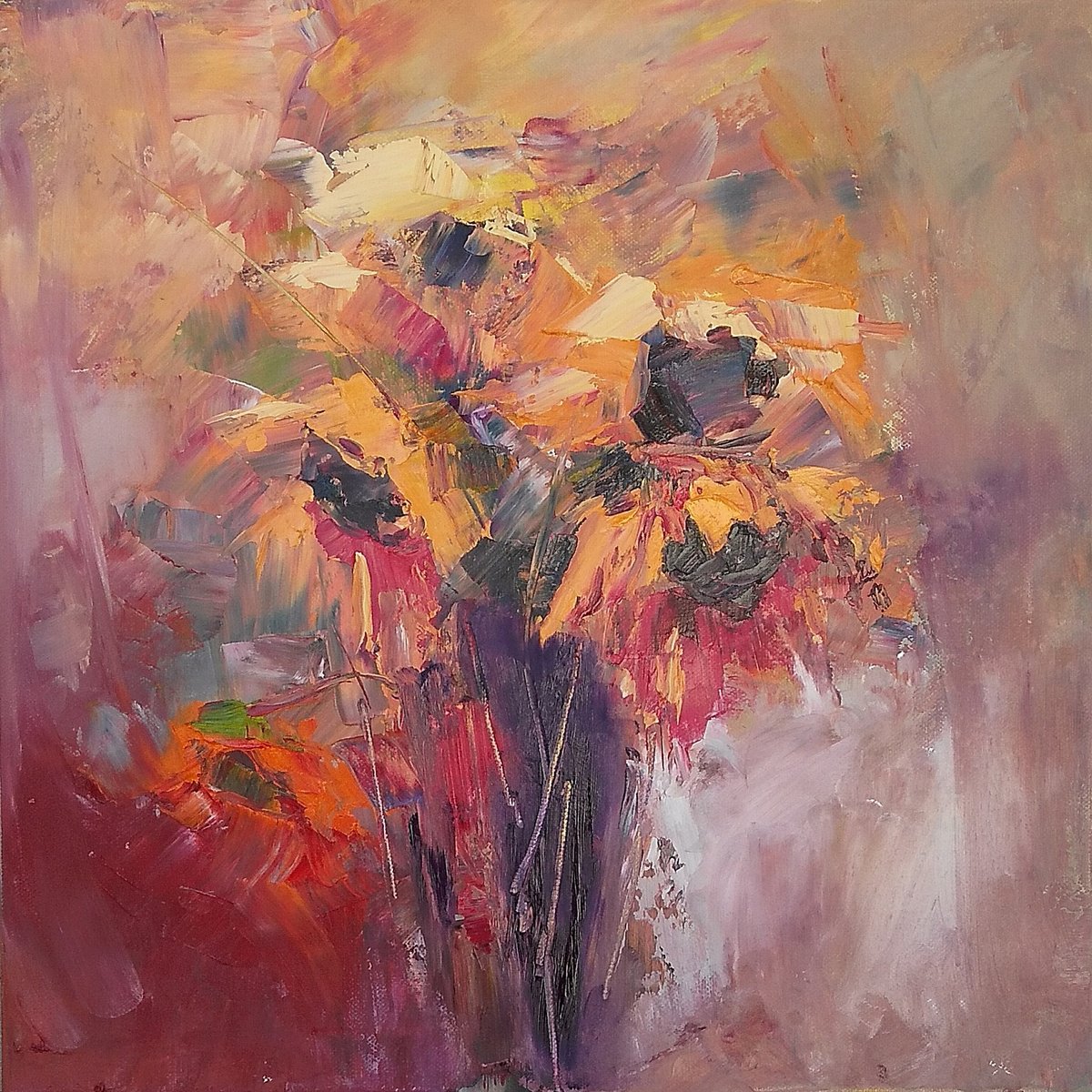 Expressive Botanical Oil Painting By Emilia Milcheva, 16 X 16, Sunflower Dream, Original Artwork