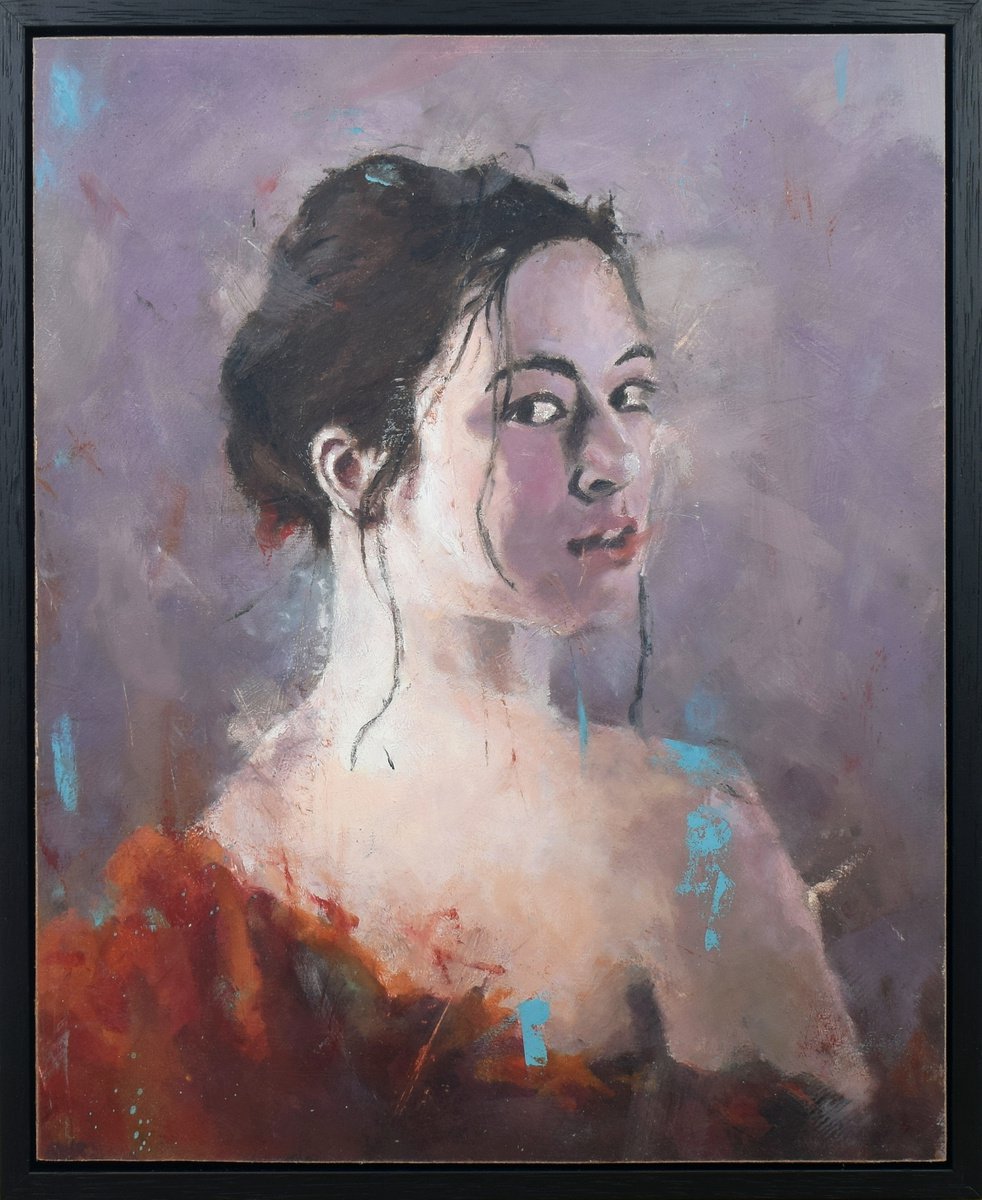 Female portrait - Expressive Realism Art - Framed Oil On Board by Shaun Burgess