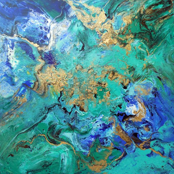 Modern abstract art blue green gold metallic painting ocean colors - Summer Holidays