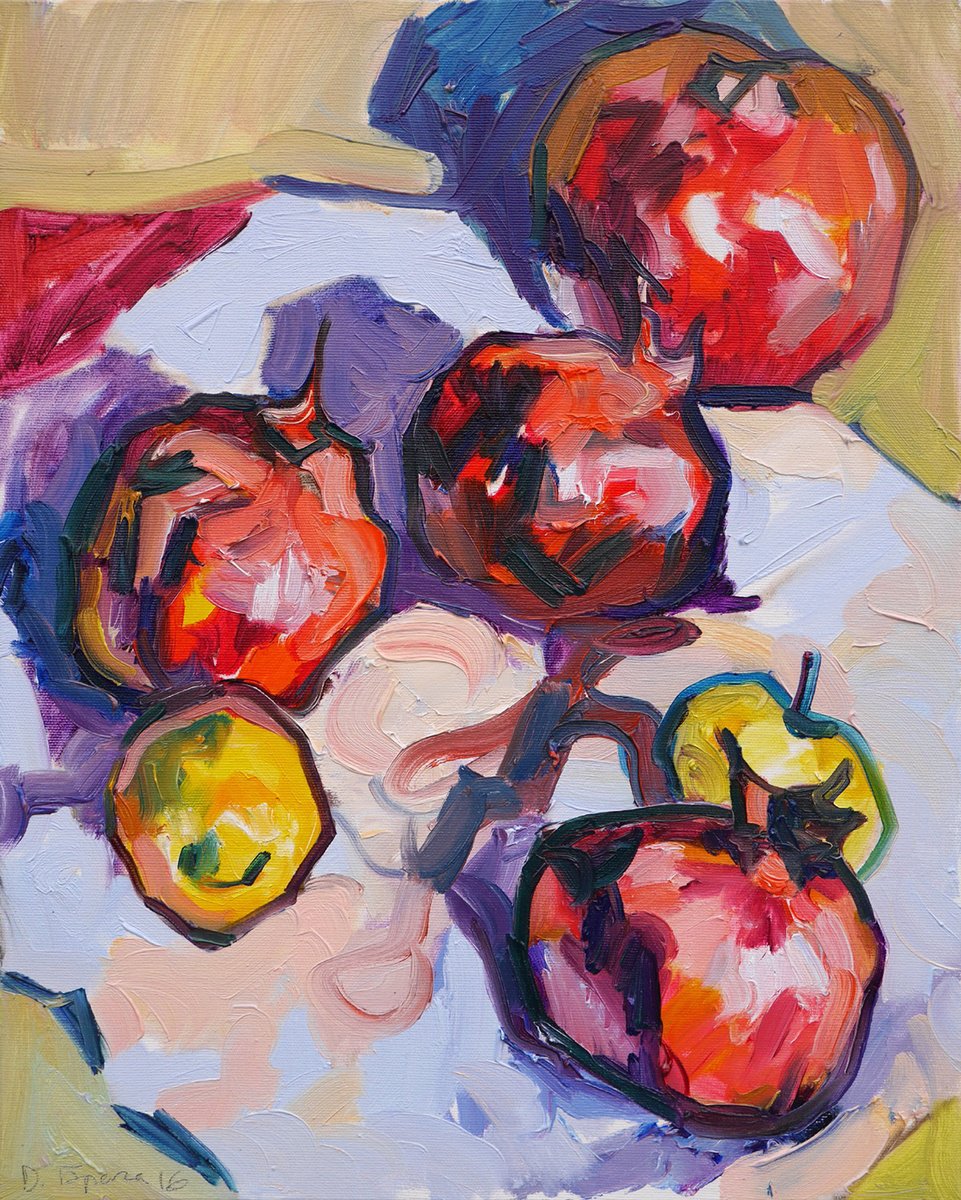 Expressive Still Life Oil Painting By Dima Braga, 16 X 20, Pomegranates And Lemon (Etude), Original Artwork