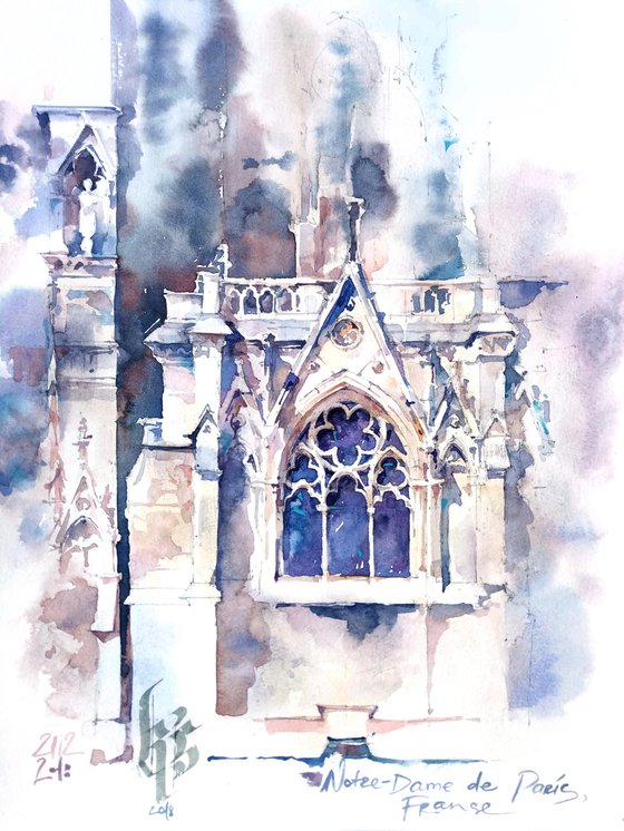 "Gothic window of the cathedral of notre dame in Paris, France"  architectural landscape - Original watercolor painting