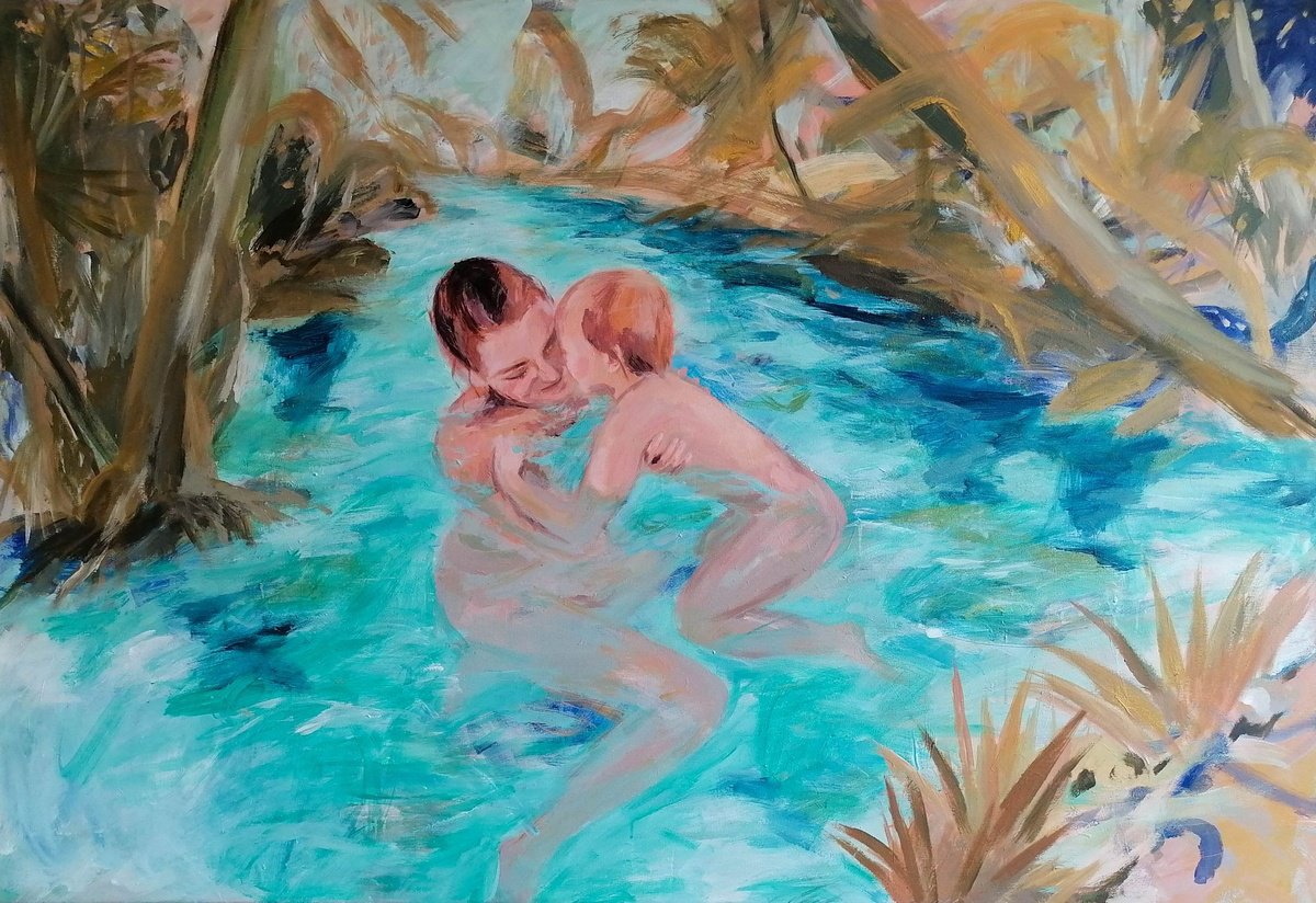 Expressive Portrait Acrylic Painting By Zuzana Petrakova, 63 X 43", River Of Life, Original Artwork