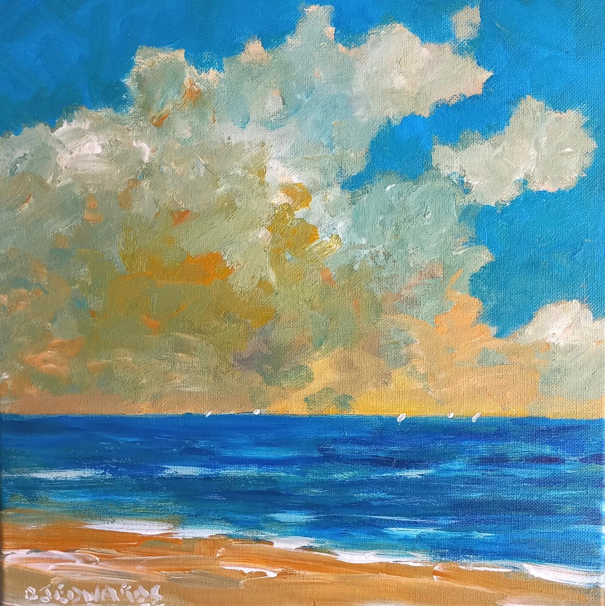 Impressionistic Landscape Acrylic Painting By David J Edwards, 12 X 12, Pacific Clouds, Sailboats, Original Artwork