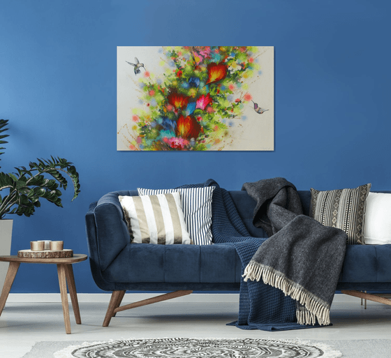 Flowers and Hummingbirds, Large Painting