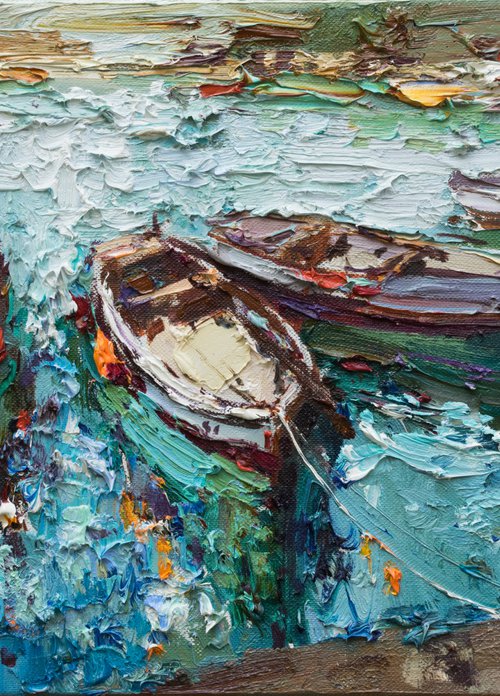 Boats  - Original  impasto oil painting by Anastasiia Valiulina