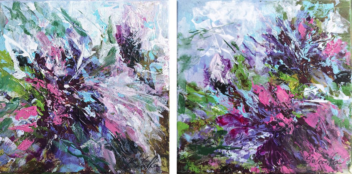 Abstract Botanical Acrylic Painting By Katia Solodka, 16 X 8", Summer Vibes 1-2, Original Artwork