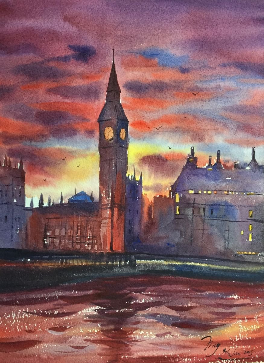 Impressionistic Landscape Watercolour By Jing Chen, 11 X 15, Bloody Sunset, Original Artwork