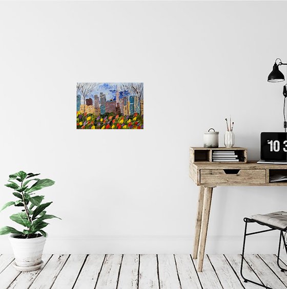 New York Painting Cityscape Original Art Tulips Oil Artwork NYC Home Wall Art 12 by 8" by Halyna Kirichenko