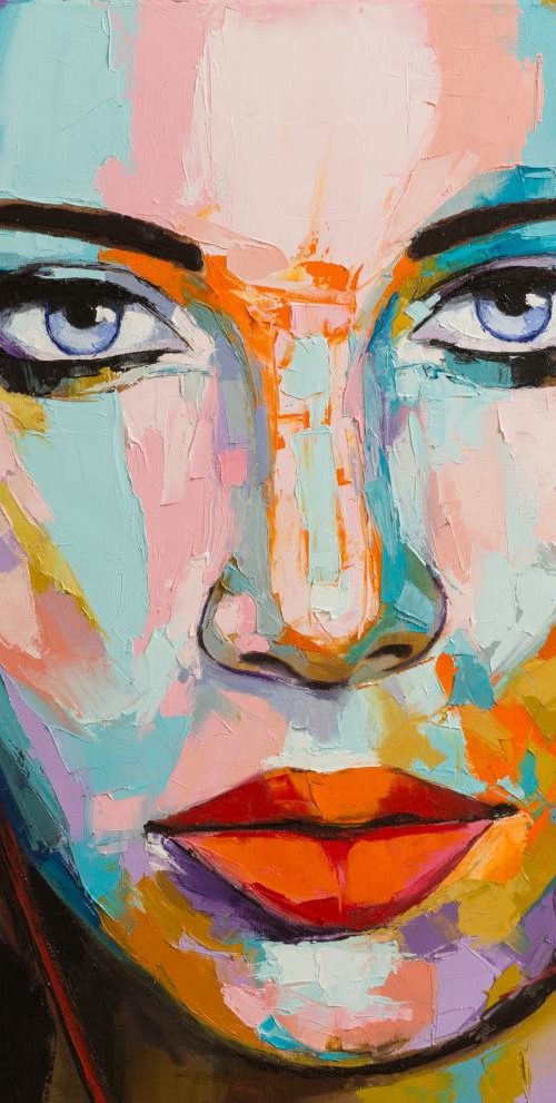 "Confidence", a fantasy woman palette knife portrait from "colorful emotions" collection by Lana Frey