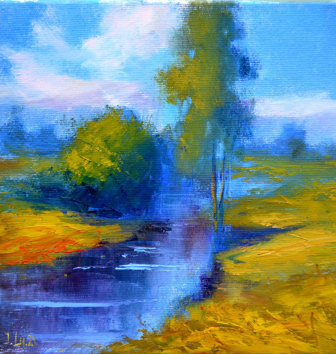 Impressionistic Landscape Oil Painting By Elena Lukina, 10 X 10, A Rural Landscape, Original Artwork