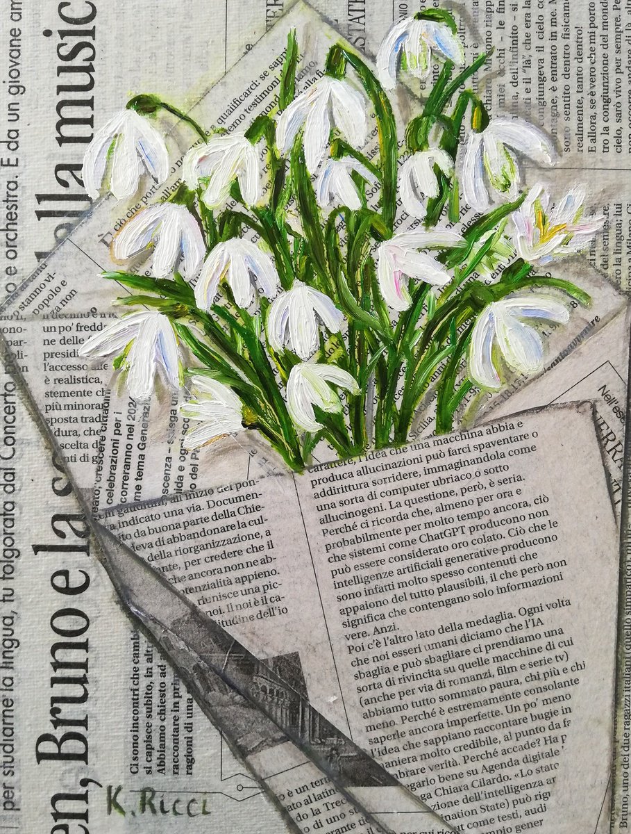 Impressionistic Still Life Oil Painting By Katia Ricci, 7 X 9", Snowdrops In Newspaper Bag, Original Artwork