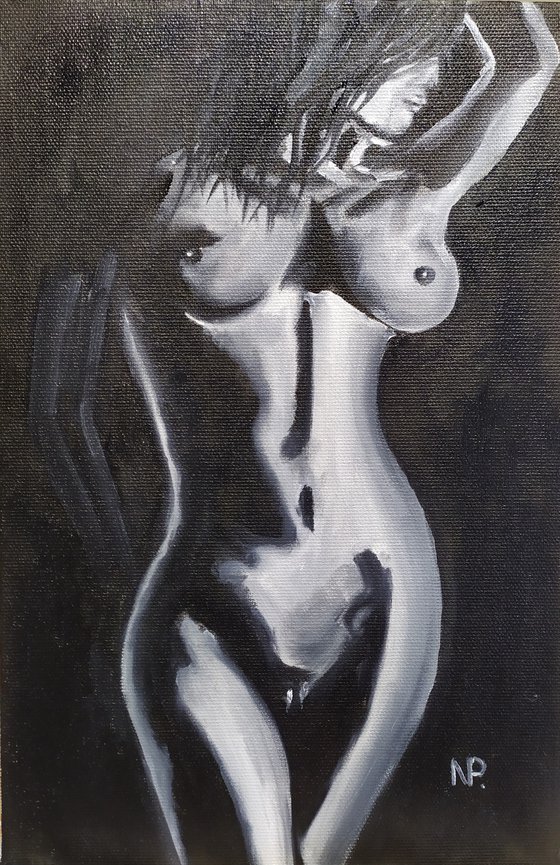 Girl, nude erotic black and white small oil painting, gift, bedroom art