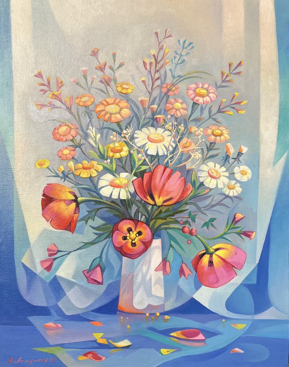 Impressionistic Still Life Oil Painting By Samvel Atasunc, 16 X 20", Wildflowers Set, Original Artwork