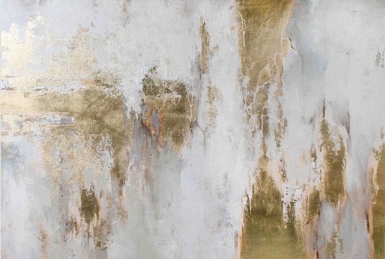 "Cascade 8" White and gold leaf abstract art