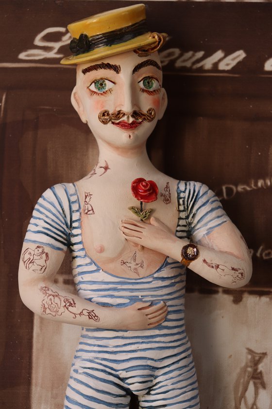 The Gentlemen. VIntage Strongman with a rose. Wall sculpture by Elya Yalonetski.