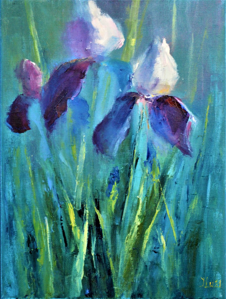 Impressionistic Botanical Oil Painting By Elena Lukina, 12 X 16, Irises, Original Artwork