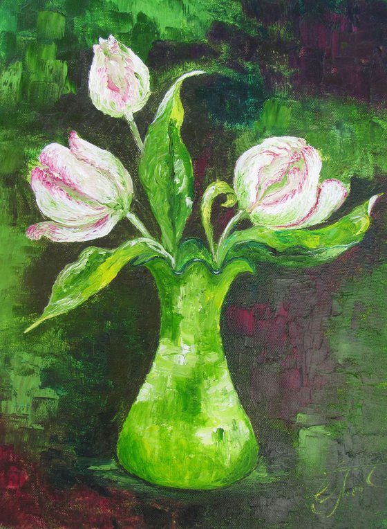 Parrot Tulips in Green Glass Vase