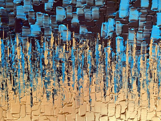 Blue & Gold Cascade - LARGE,  TEXTURED, PALETTE KNIFE ABSTRACT ART – EXPRESSIONS OF ENERGY AND LIGHT. READY TO HANG!