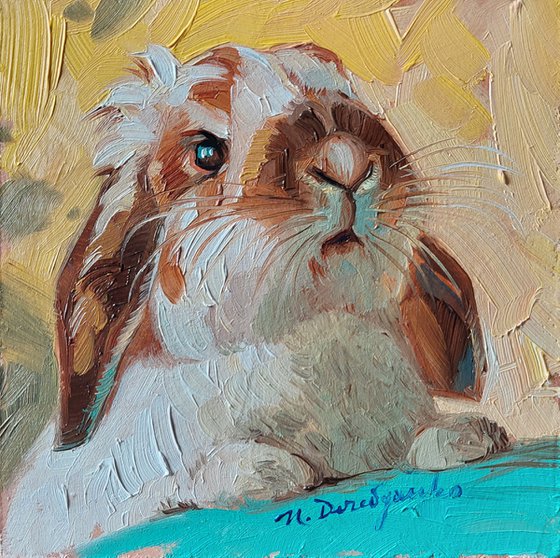 Cute rabbit painting original framed 4x4, Small framed art white rabbit artwork yellow background