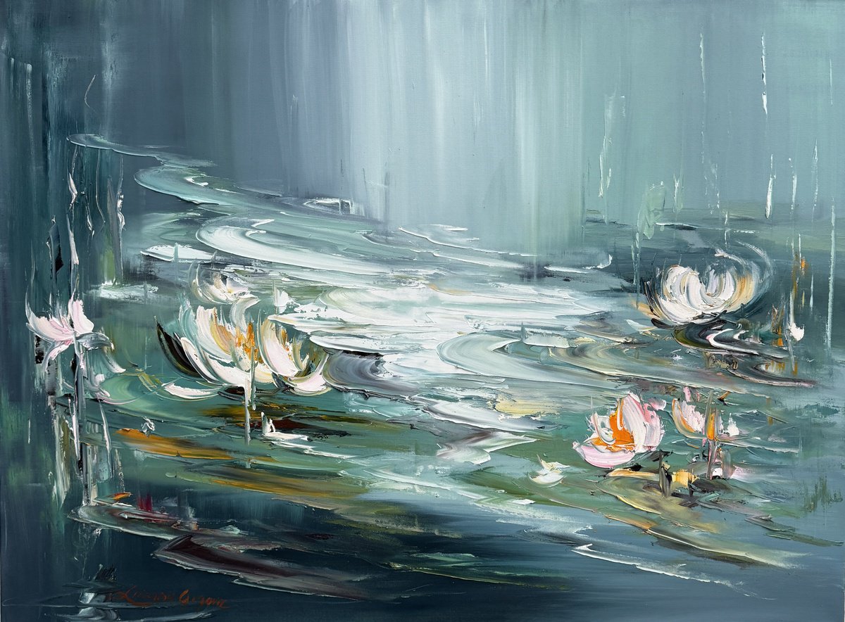 Impressionistic Botanical Oil Painting By Liliana Gigovic, 48 X 36", Water Lilies No 189, Original Artwork