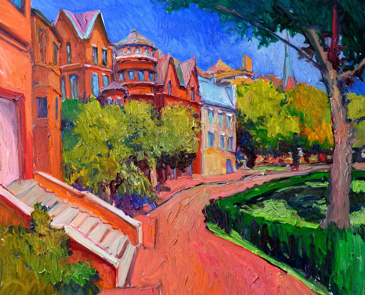 Expressive Cityscapes Oil Painting By Suren Nersisyan, 30 X 24", Street In Washington Dc, Original Artwork