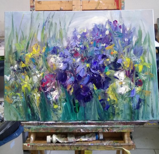 Blooming Irises. Original Oil Painting , Palette Knife .