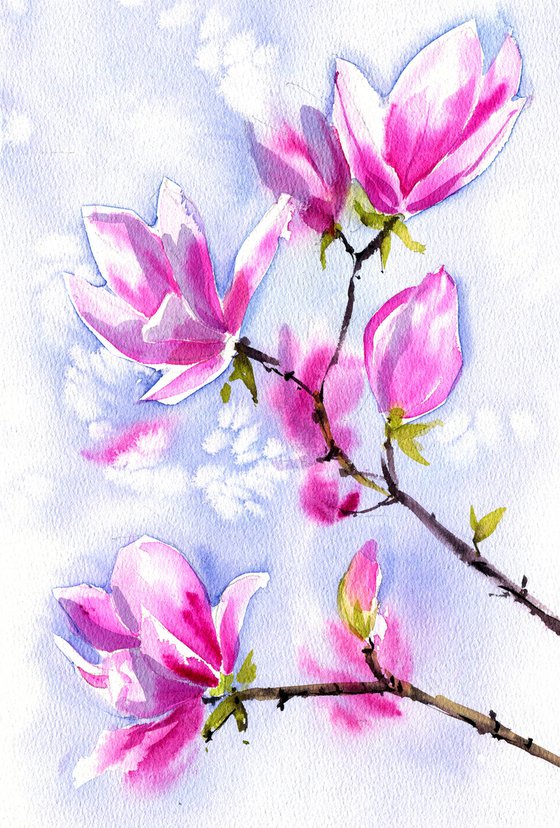 Magnolia flowers original watercolor painting, floral artwork, pink and green impressionistic wall art, bedroom decor, gift for her