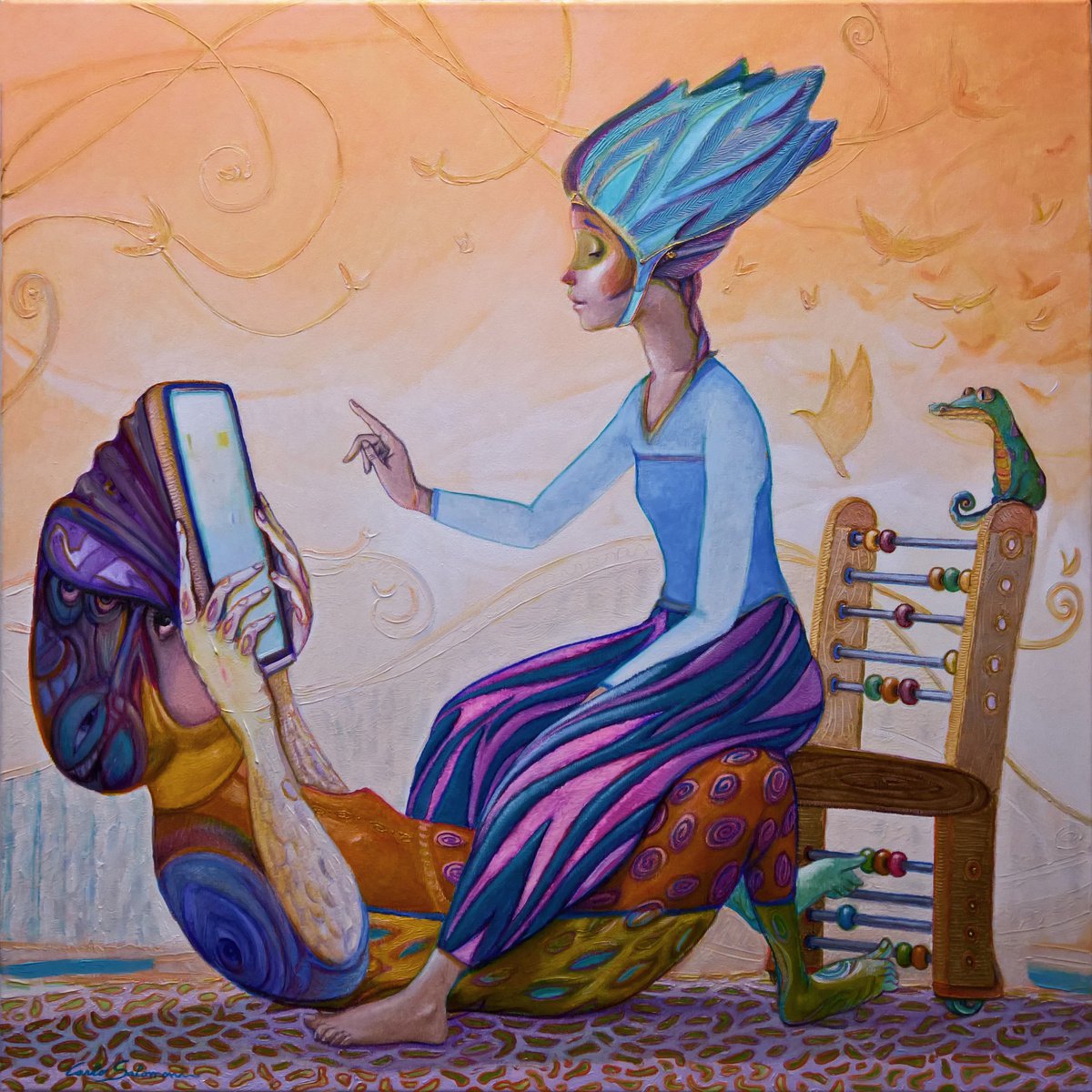 Surrealistic Portrait Acrylic Painting By Carlo Salomoni, 31 X 31, Counting On You - (On Demand ), Original Artwork