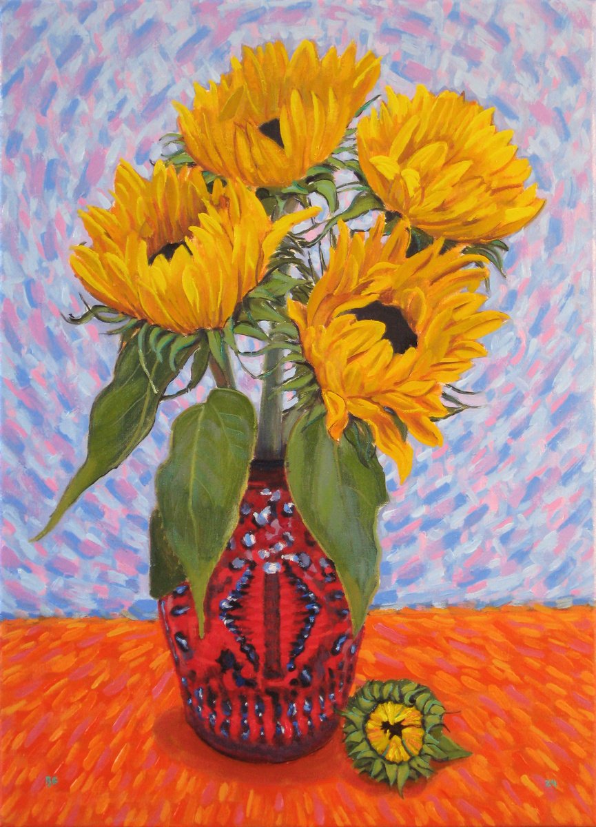 Four sunflowers in a vase by Richard Gibson