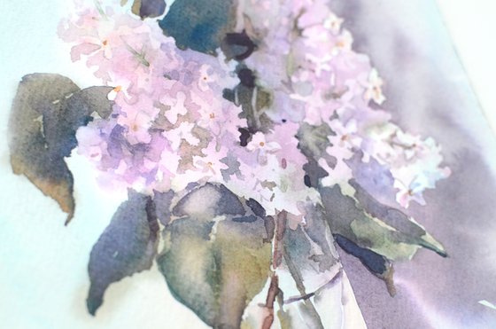 Lilac branch in a glass, Watercolor spring