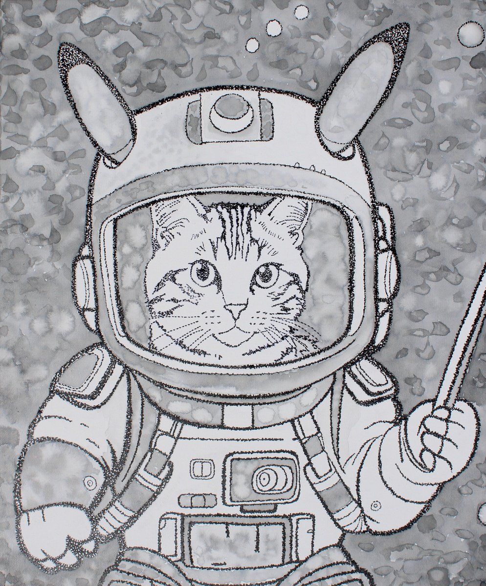 Expressive Animal Acrylic Painting By Tingqun Zhang, 20 X 24", Space Cat, Original Artwork